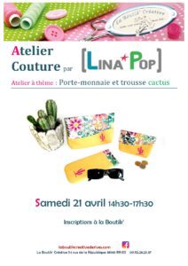 Atelier couture LinaPop porte monnaie et trousse pour la BoutikCréative de Rives