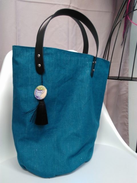 Sac seau Lin enduit bleu pétrole (4)