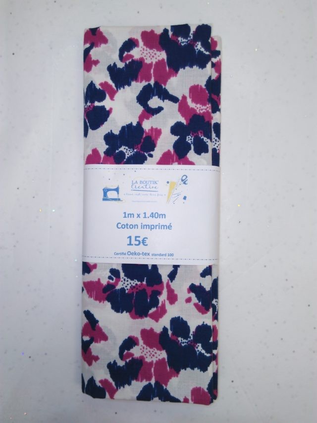 Coupon de tissu coton Froufrou Blossom Bleu marine et bordeaux fond blanc