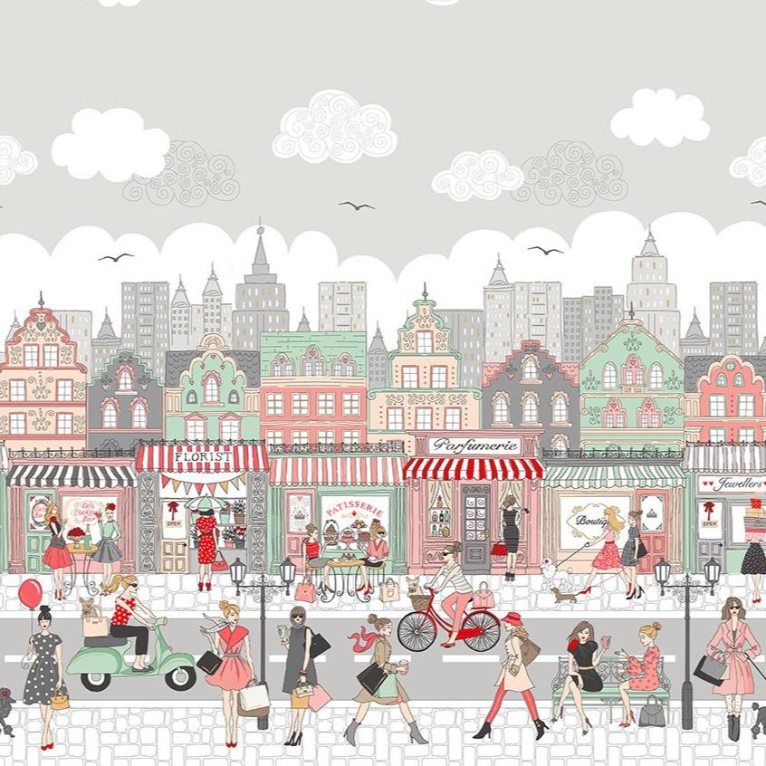 Tissu coton SHOPPING IN TOWN double-border à la Boutik' Créative de rives
