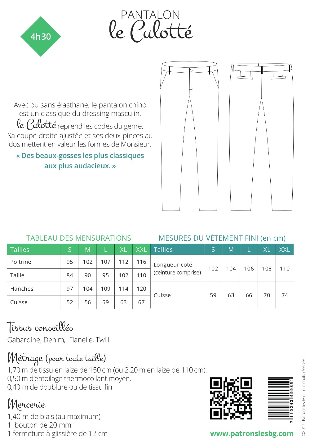 Patron Les BG Pantalon Chino le Culotté - Verso dos- La Boutik Creative de Rives